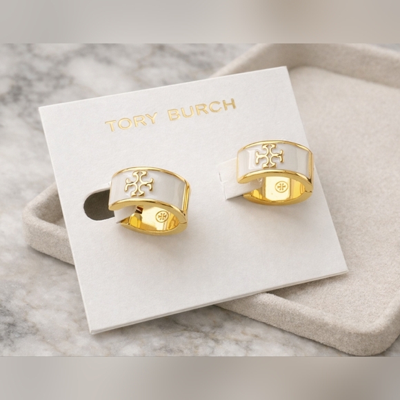 Tory Burch Kira Enamel Huggie Earrings | White - Picture 2 of 3